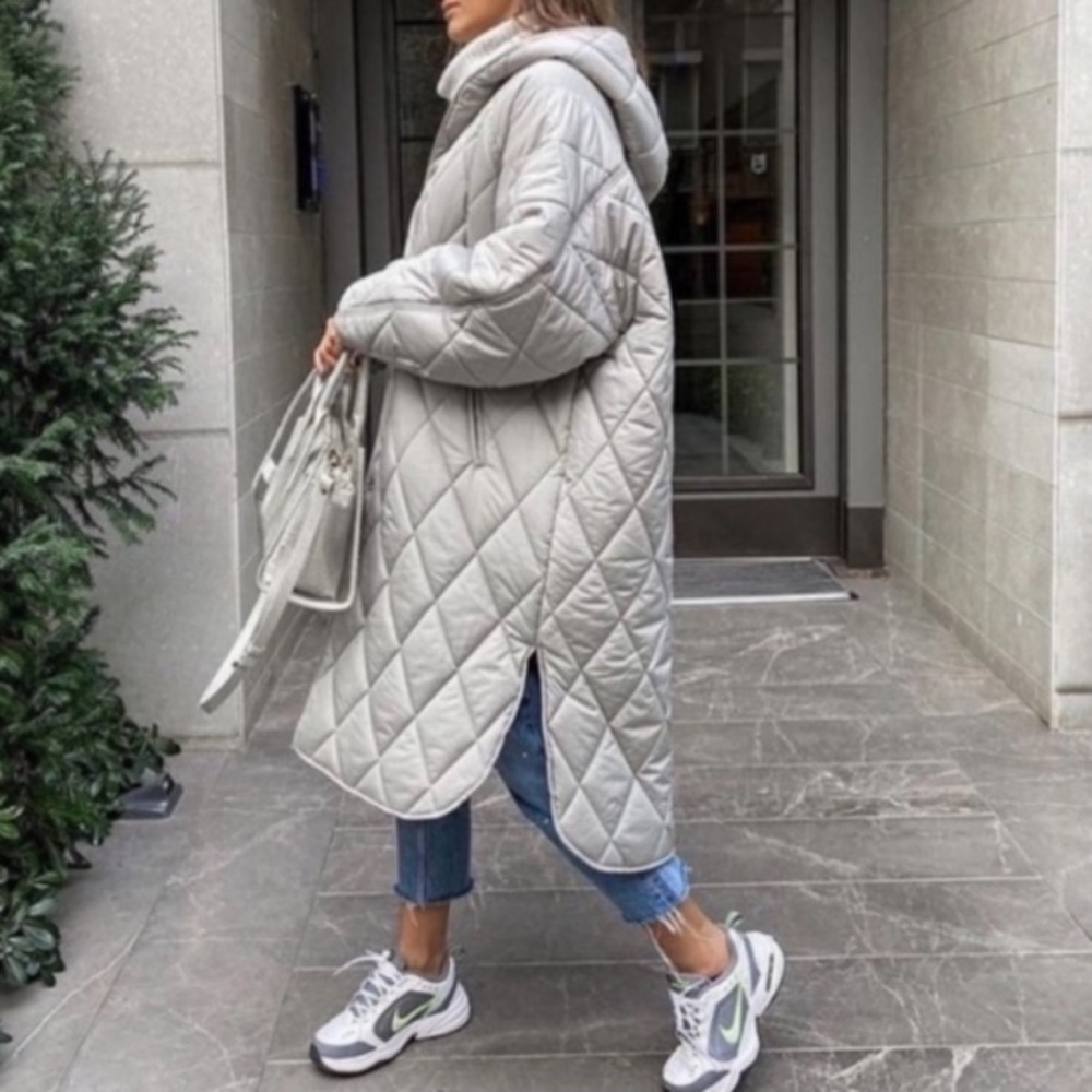 Zara long quilted puffer coat with hood stone grey - Picture 15 of 16